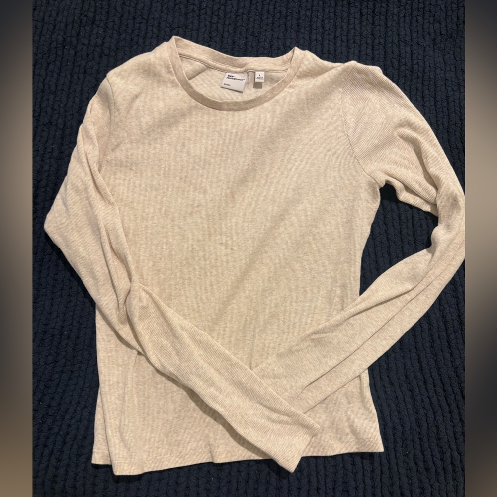 Aritzia TNA HomeStretch Rib Longsleeve Crewneck in Heather Light Oatmeal